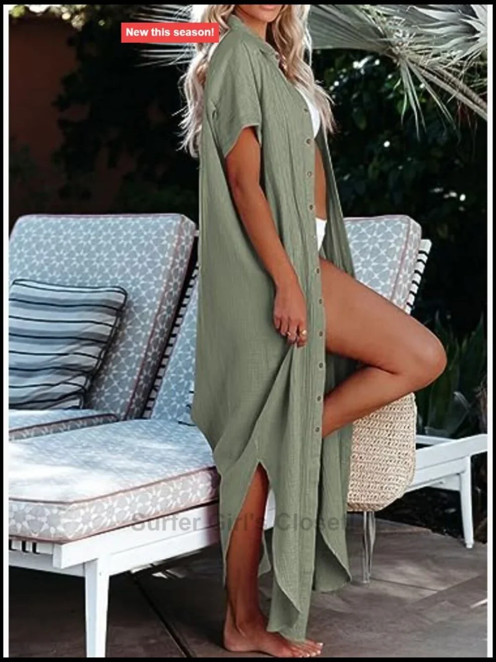 Short Sleeve Button Down Side Split Dress Swimsuit Cover Up Kimono Cardigan